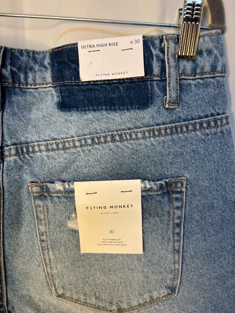 Flying Monkey Two Tone Denim Shorts NWT Ultra High Rise Distressed W30 - Picture 7 of 7